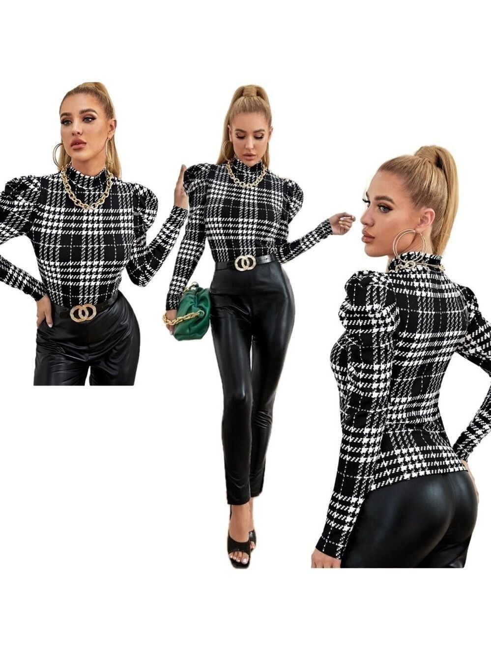 black white puffed shoulder plaid check long sleeve top size Medium